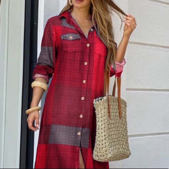 Berry Suay Plaid Button Down Maxi Shirtdress  S-5X - Picture 2 of 3